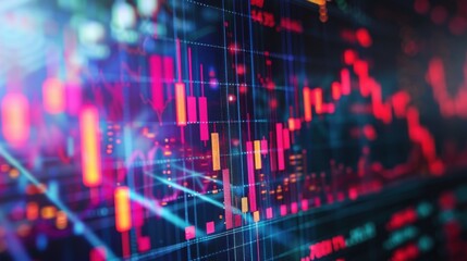 Obraz premium Abstract image of stock market graph with red and blue bars and lines, representing financial data, trading, and stock market trends.