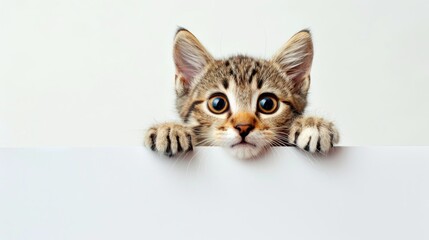 Curious kitten peeking over sign white background