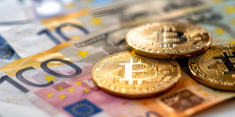 Euro Banknotes and Bitcoin cryptocurrency investing concept