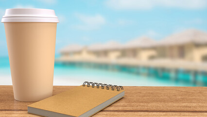 The coffee cup on wood table for drink or travel concept 3d rendering.