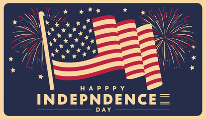 American flag with fireworks, stars in the background Vintage Retro Style. Happy American Independence Day 4th of July Flyer, banner, poster, greeting card, background. USA Liberation Vector Template