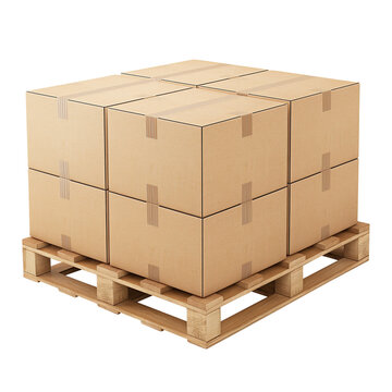 cardboard boxes on a wooden pallet isolated on transparent white background, clipping path