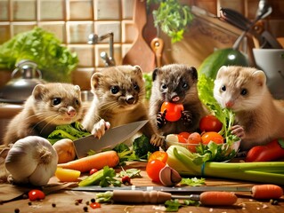 Mischievous Ferrets Prep Bountiful Vegetable Feast With Mandoline Slicer