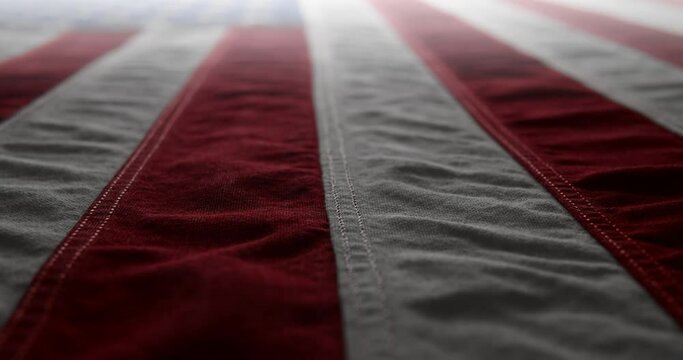 Panning across a brightly lit, red white and blue, US American flag. Background for Memorial Day, Veteran's Day, 4th of July, or other patriotic USA holiday.