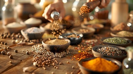 Stoats Trading Aromatic Spices with Antique Grinder on Rustic Wooden Surface