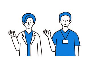 案内をする医療従事者の男女