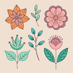 Obraz premium Hand drawn simple Floral flowers line art flat design outline, ornaments set, vector Doodles illustration