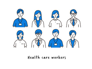 シンプルな線画で描かれた、医療従事者のイラスト素材セット