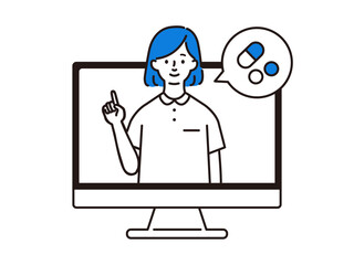 パソコンから飛び出し薬の説明をする看護師