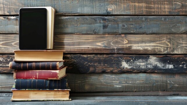 Book Stack and E Reader with Copy Space