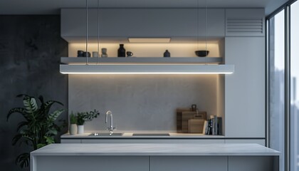 Fototapeta premium White minimalist pendant light in a sleek kitchen, contemporary design, stylish decor, modern interior, functional element, elegant look, chic workspace, clean lines.