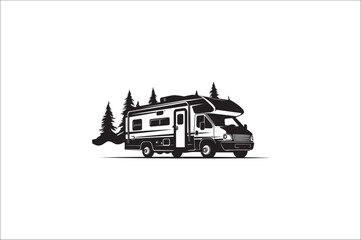 Naklejka premium Camping car silhouette on a white background. Camper car silhouette illustration. Summer Car Silhouette.