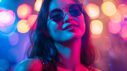 Fototapeta premium Asian female in a night club wearing sunglasses, young Korean woman in a nightclub