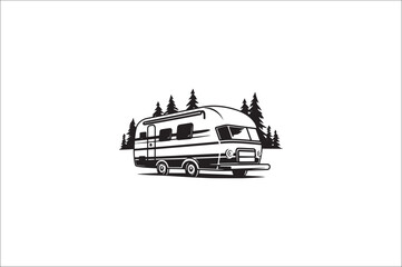 Fototapeta premium Camping car silhouette on a white background. Camper car silhouette illustration. Summer Car Silhouette.