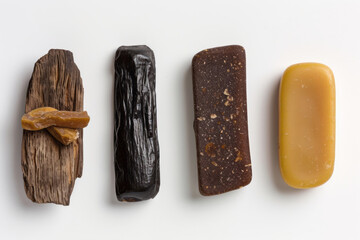 Displaying four types of caramel, both black and brown with a frequent use of yellow, set against a white background.