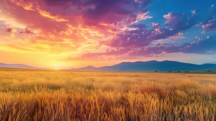 Fototapeta premium Golden grass field under a beautiful sunset 