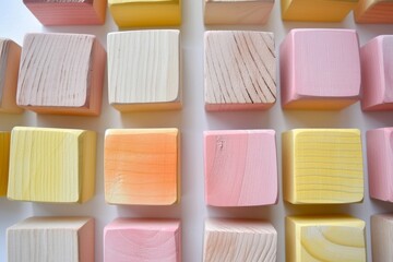Fototapeta premium The wooden blocks, in light orange and light beige, are colorized and bear hand-painted details in a minimalistic Japanese style.