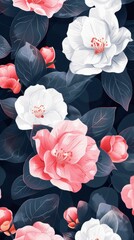A close-up image of pink and white flowers blooming amongst dark green leaves, wallpaper