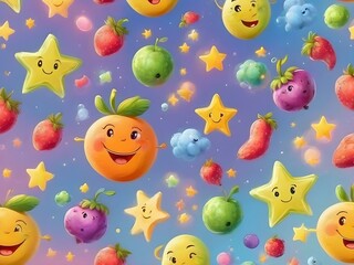 Obraz premium Generative AI. Background pattern Cute and very charming happy expression fruit. pastel colors. stars. bokeh