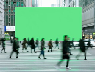 Fototapeta premium Vibrant Green Screen Advertisement Poster in Busy City Intersection with Moving Cars and Pedestrians, Ideal for Media Displays - Close-Up View with Text Space