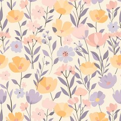 A pattern featuring colorful flowers, including yellow, pink, and purple, on a cream background