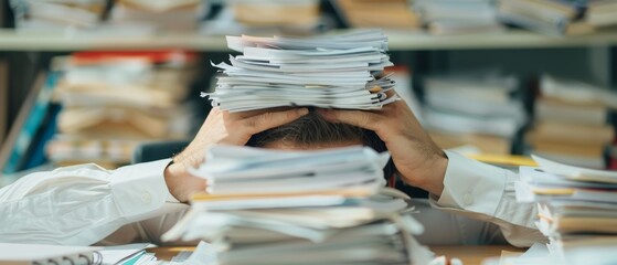 Overwhelmed Office Worker with Messy Desk, Stressful Work Environment Concept.