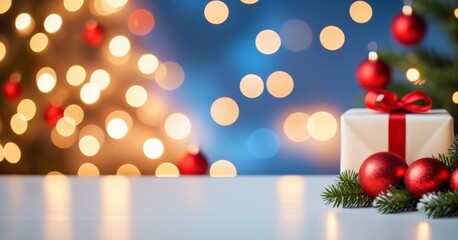 New Year background, candles, balls, ribbons on the table. Blurred background. Holiday, cozy. Christmas, new year. Banner, poster, background. Copy space