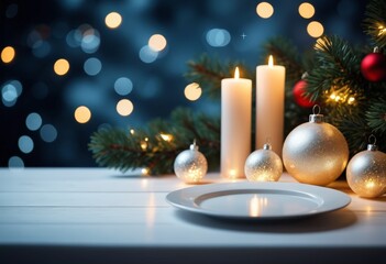 New Year background, candles, balls, ribbons on the table. Blurred background. Holiday, cozy. Christmas, new year. Banner, poster, background. Copy space