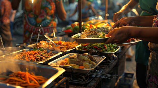 Culture and Commerce Vibrant Urban Street Food Market Showcase Diversity and Exchange of Currency - Powered by Adobe