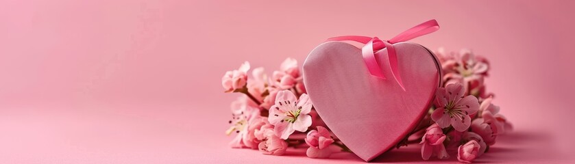 A pink box with a ribbon and a bouquet of roses. The box is placed on a table with a grey background