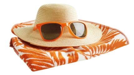hat and sunglasses on the beach small towel isolated on transparent white background, clipping path