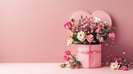 Obraz premium A pink box with a ribbon and a bouquet of roses. The box is placed on a table with a grey background