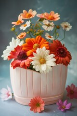 A pink box with a ribbon and a bouquet of roses. The box is placed on a table with a grey background
