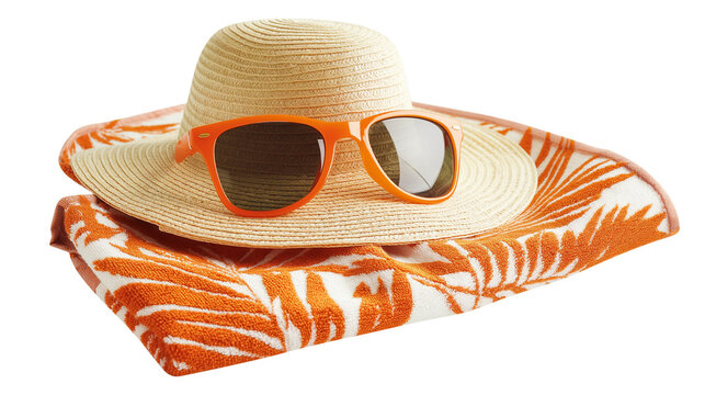 hat and sunglasses on the beach small towel isolated on transparent white background, clipping path