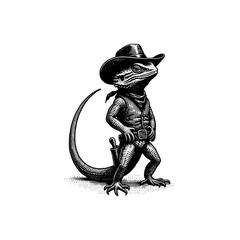 cowboy lizard wild west dessert wearing hat hand drawn art style vector illustration