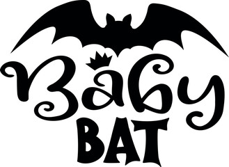 Baby bat. Halloween party lettering logo phrase. Black design element. Fashion design. Vector font illustration.