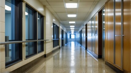 Blur image background of hospital clinic corridor empty hallway glass window ceiling door healthcare