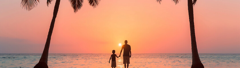 A silhouette of a parent and child holding hands, watching a stunning tropical sunset on a serene beach, framed by two palm trees.