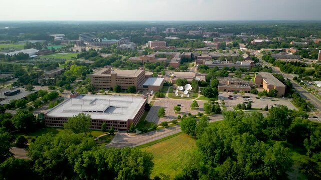 Aerial view of Michigan State University (MSU) campus in East Lansing.