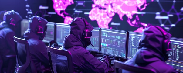 Cybersecurity professionals working in a high-tech control room with multiple monitors and a global network map on the screen.