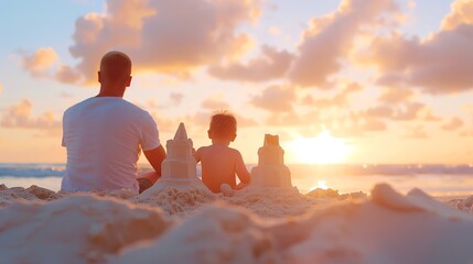 Father and child building sandcastles on the beach at sunset, enjoying quality time together with a beautiful ocean view.