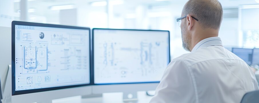 Engineer working on technical drawings on dual monitors in a modern industrial office, focused on precision and design.