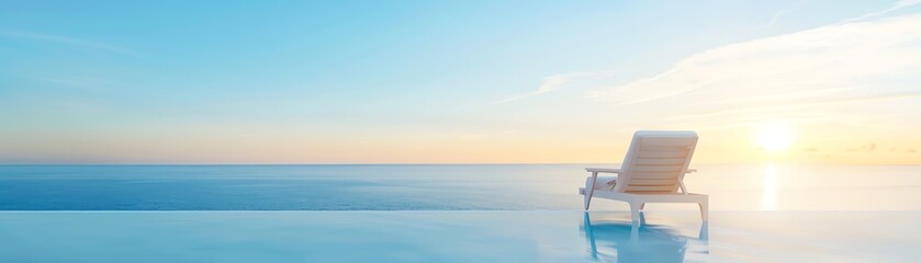 Serene scene of a lounge chair by an infinity pool overlooking a calm ocean at sunset, perfect for relaxation and tranquility.