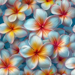 Fototapeta premium watercolor Plumeria flowers in vibrant pinks, yellows, and whites, tropical dream patterns, soft blue background, lush and exotic, seamless repeating pattern, minimal pattern