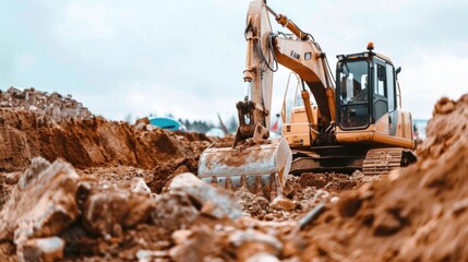 A powerful excavator digs the ground against a blue sky. Earthwork with heavy machinery at construction site View from a large concrete pipe. Clear sky
