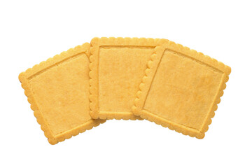 Three shortbread cookies. A stack of cookies on a white background. Simple cookies without a pattern.
