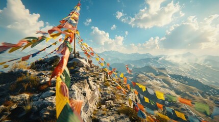 Obraz premium Buddhist prayer flags fluttering in the wind atop a mountain