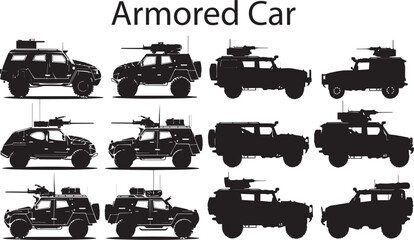 Armored Car Flat Black Silhouette Vector Art Bundle
