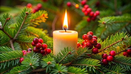Close-Up of a Candle in a Spruce Tree with Berries