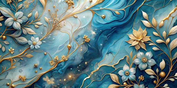 Abstract Blue and Gold Marble Floral Design